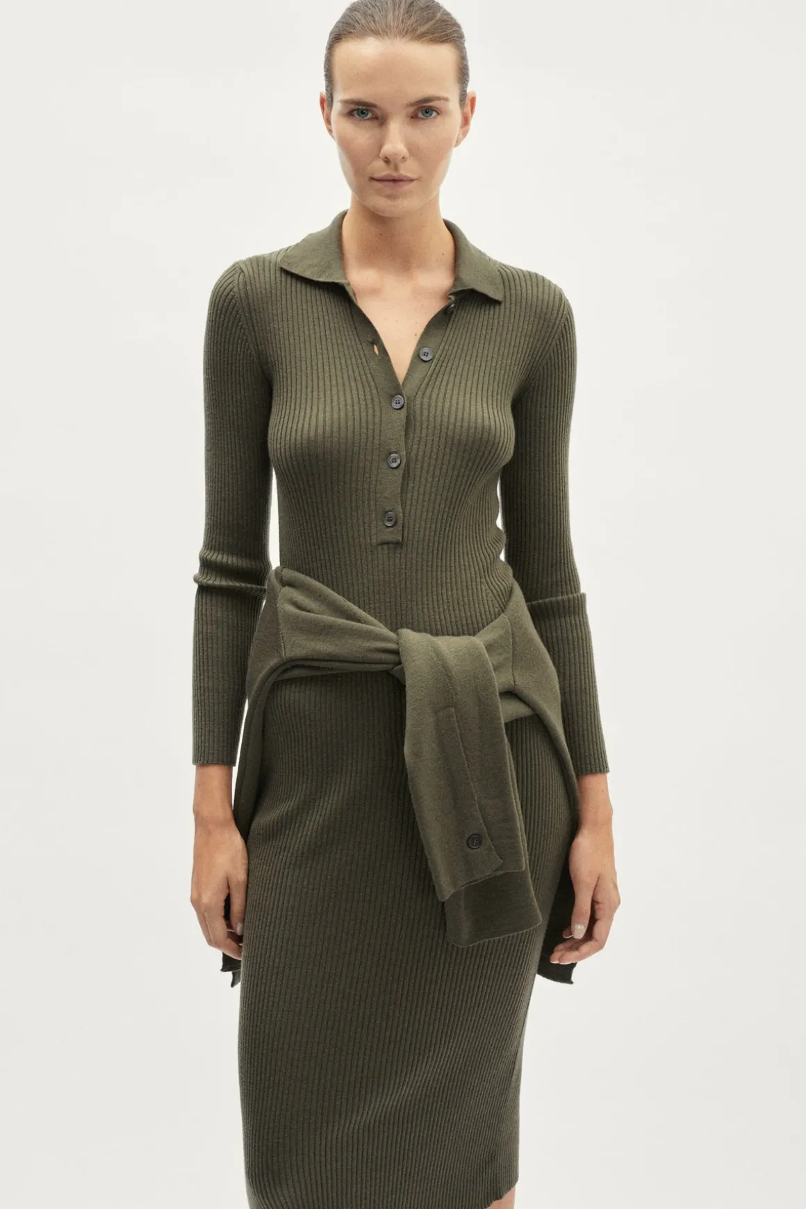 Robe polo côtelée en laine mérinos
