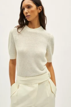 T-shirt à mailles côtelées en Lin et Coton avec pinces